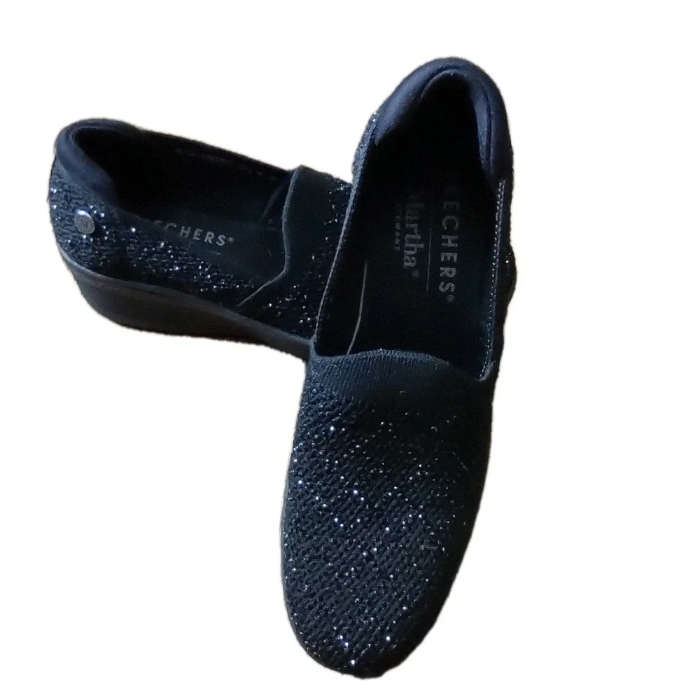 Martha Stewart x Skechers Pier-Lite Reflection Black Sparkle Wedge 8 158705 LNW